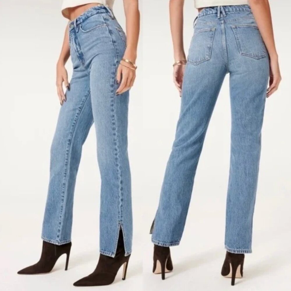 Good‎ American Jeans Womens 16 Blue High Rise Button Fly Split Hem Good Boy